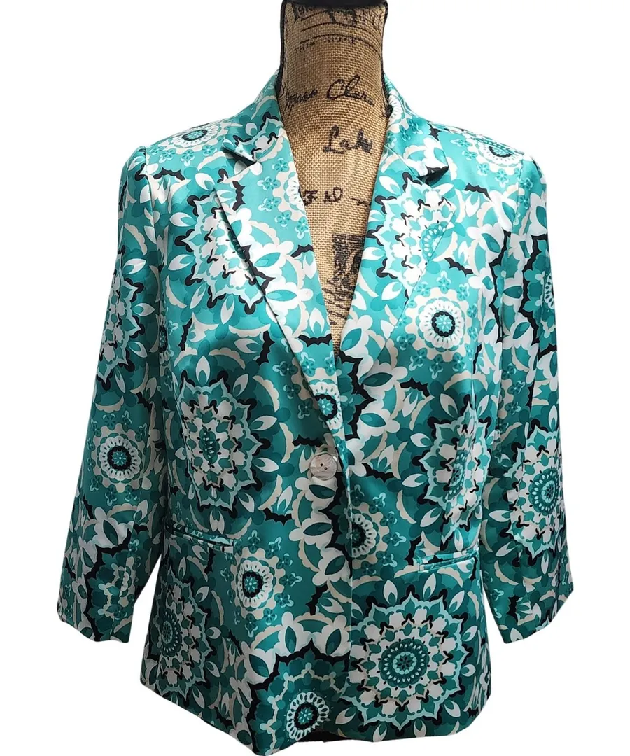 Madison Petite Womens Teal Floral Print Blazer Jacket 3/4 Sleeve Size PL White
