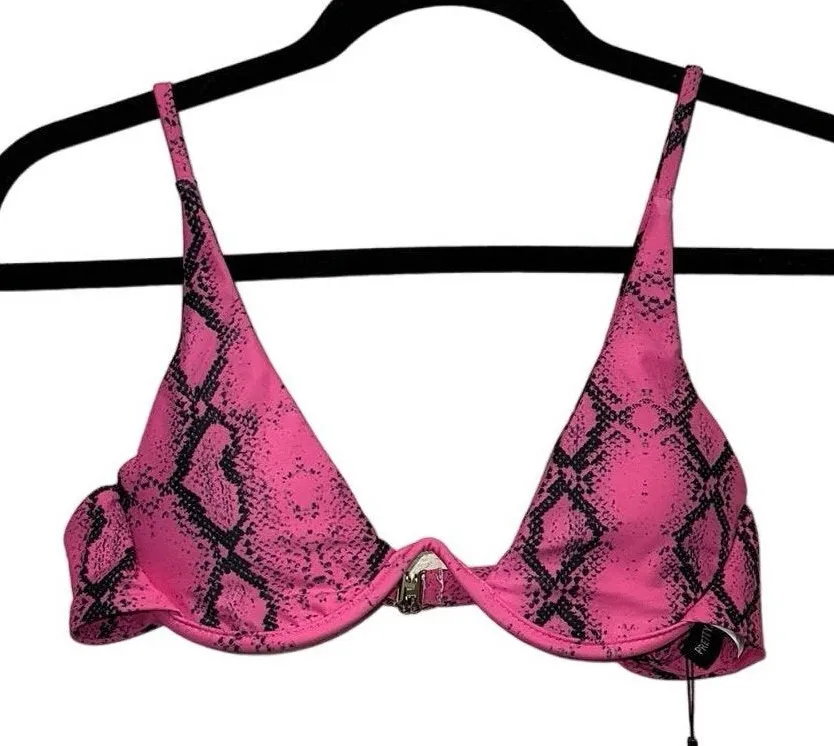 NWT PrettyLittleThing Pink Snakeskin Underwire Plunge Bikini Top Medium
