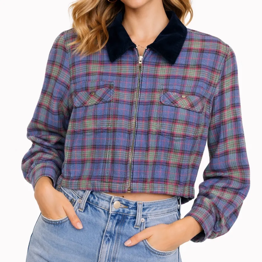 Quizz New York Cropped Plaid Jacket Women’s Medium Zip Up Velvet Vintage Grunge Blue