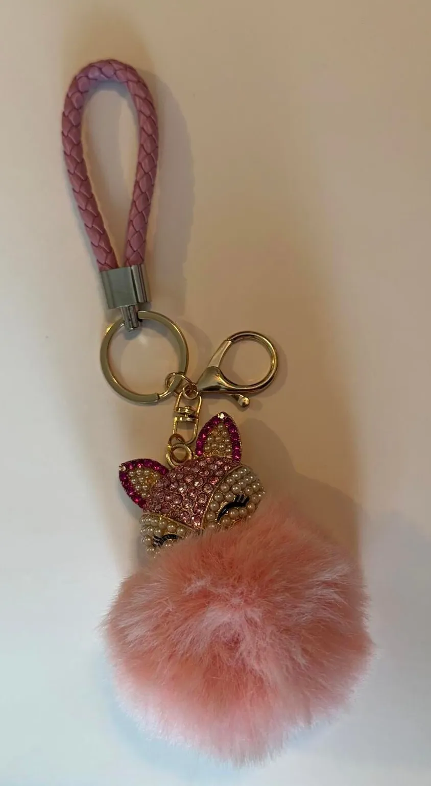Elegant Pink Fox Pompom Keychain with Rhinestones and Pearls