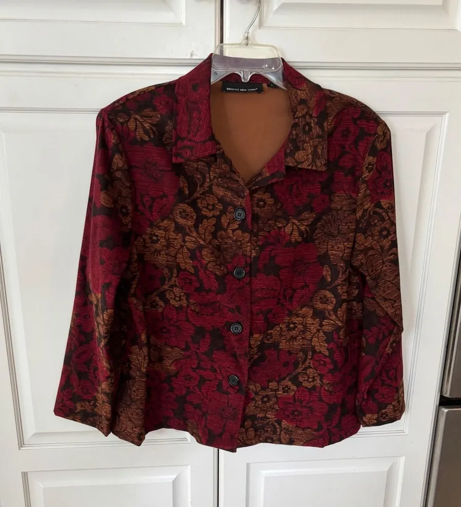 Briggs New York Floral Tapestry Print Button Front Jacket Burgundy Brown Large