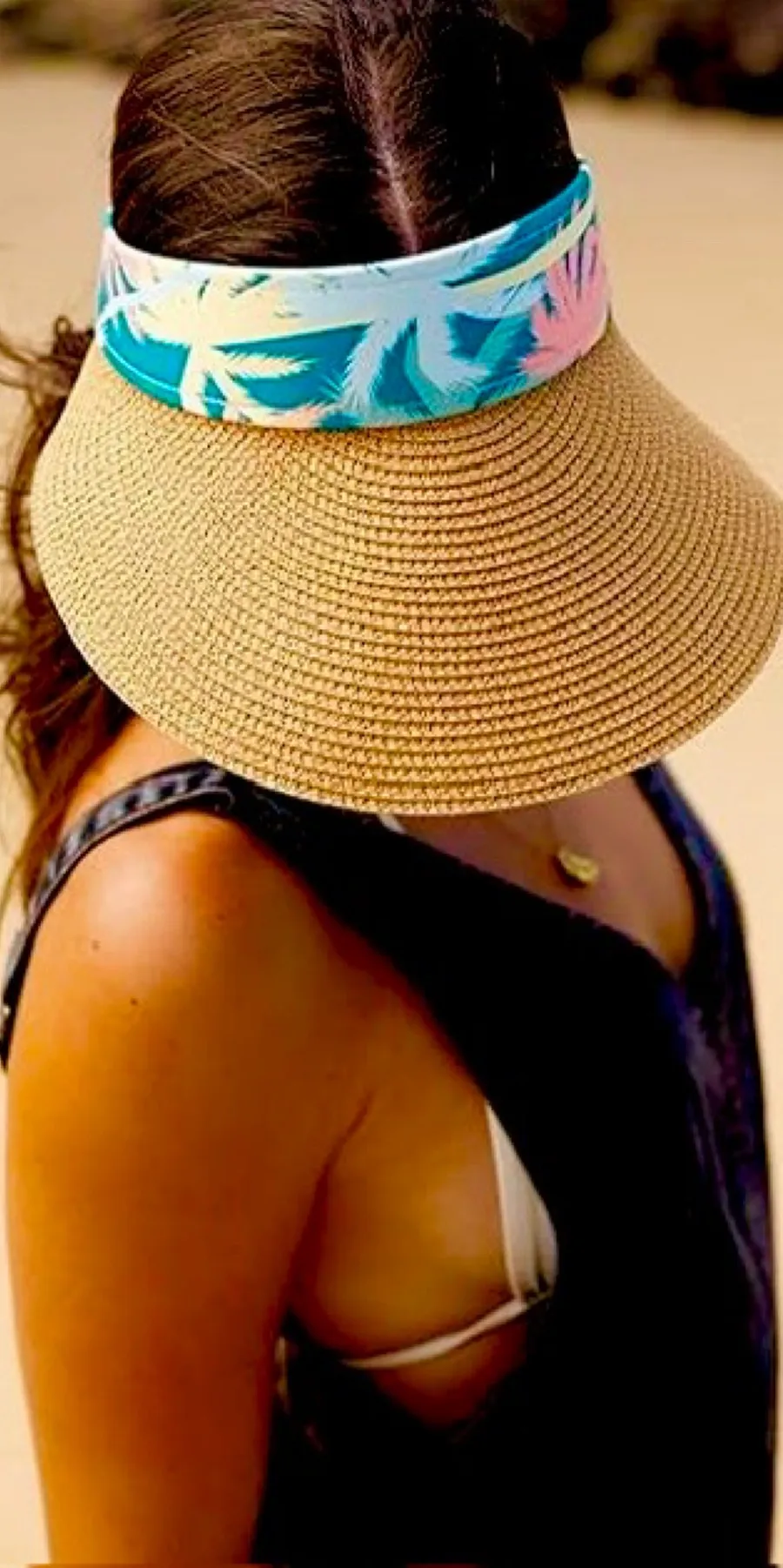 bon voyage STARBOARD NWT Wide Brim Straw Visor Hat with green leave Print Band Tan