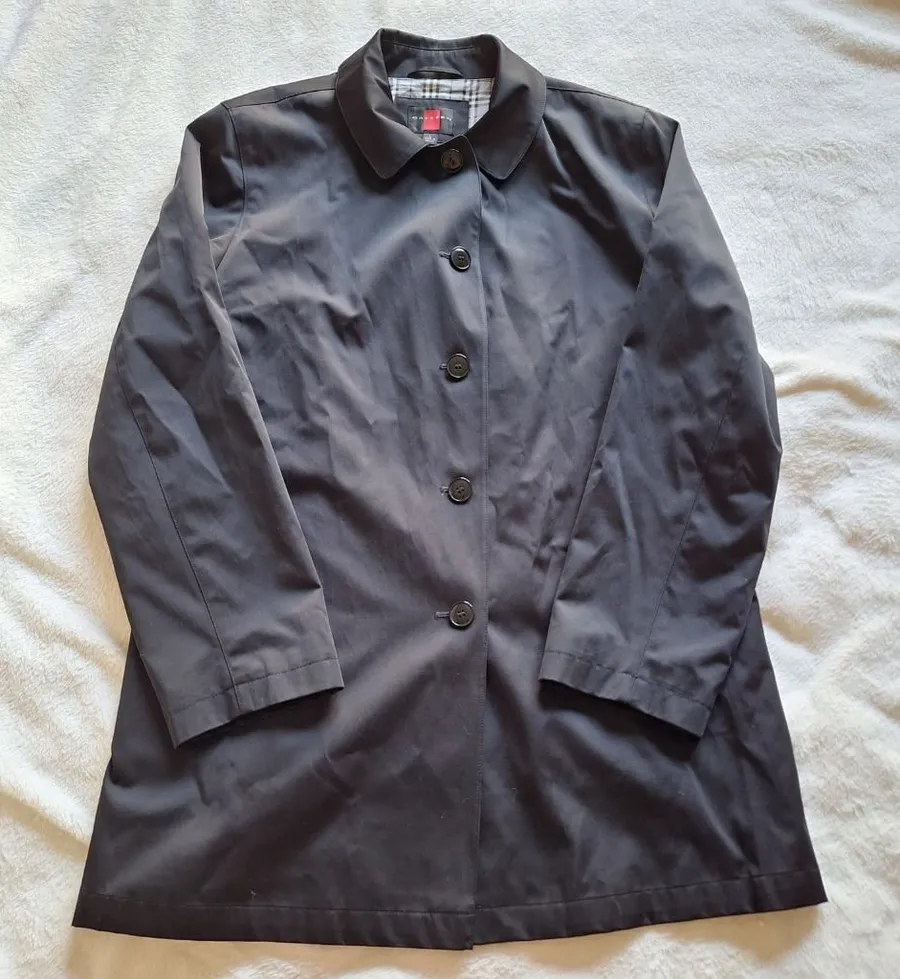 NWOT Gallery Black Single Breasted Rain Coat Jacket Size L Plaid Lining