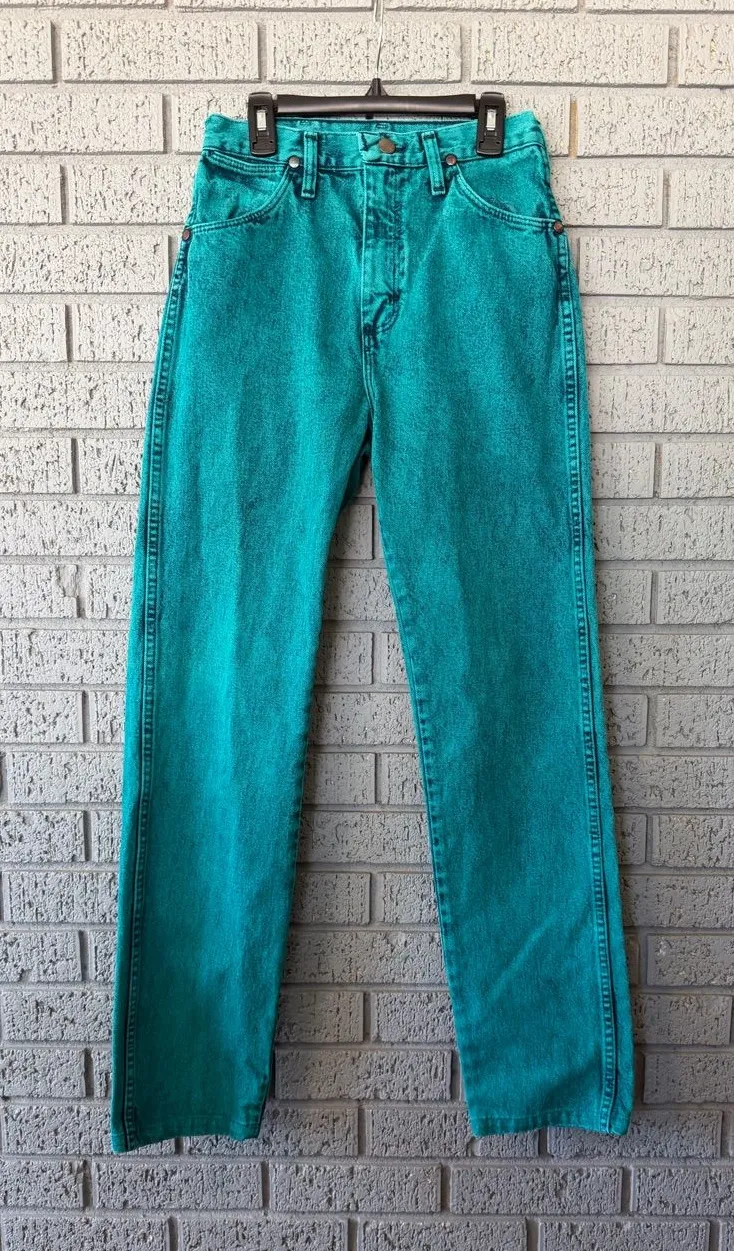 VTG 90s Wrangler Wedgie High Rise Cowgirl Jeans 14MWZ Teal Green Acid Wash 5x32