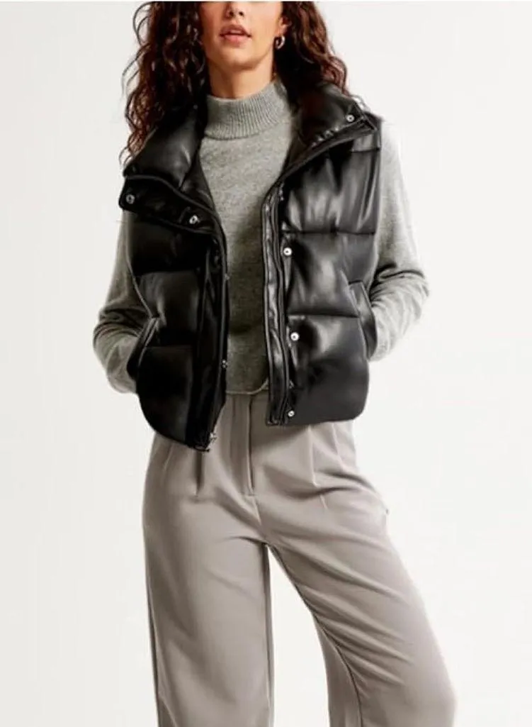 Women’s Faux Leather Black Puffer Vest