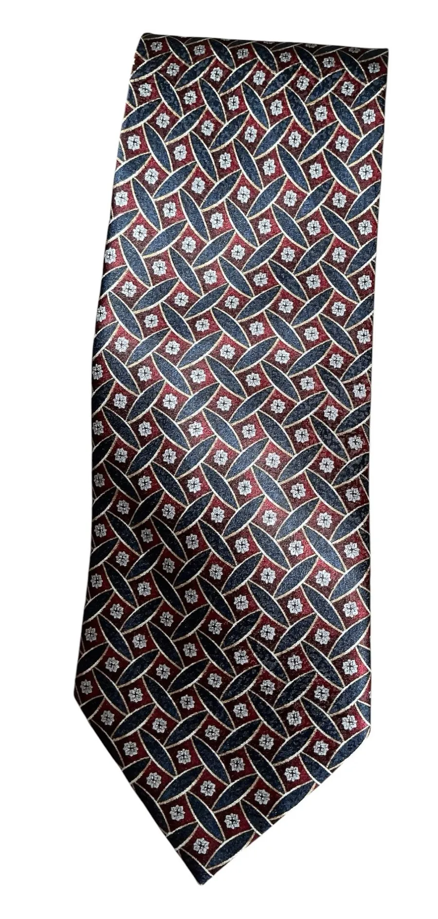 Title Vintage Pierre Cardin Men’s Necktie – 100% Silk Geometric Floral Pattern – Burgundy, Navy & White