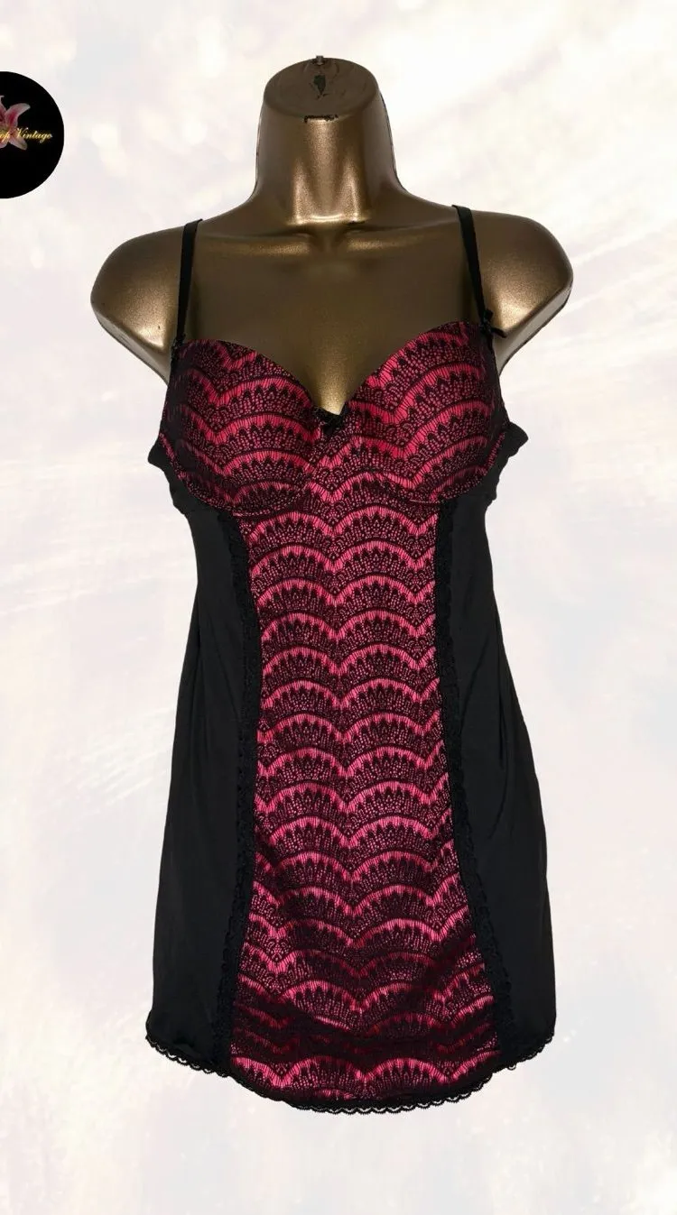 Marilyn Monroe Intimates Black & Hot Pink Lace Babydoll Chemise Lingerie Size M