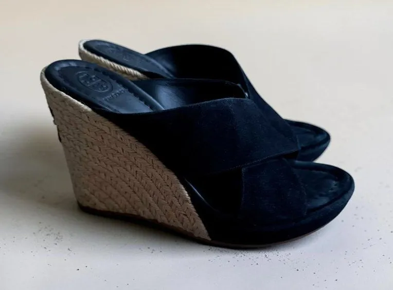 TORY BURCH Black Suede Espadrille Wedges Size 7