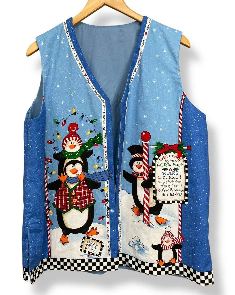 Daisy Kingdom Vest Holiday Christmas Winter Teacher Penguins North Pole Festive Blue Size L
