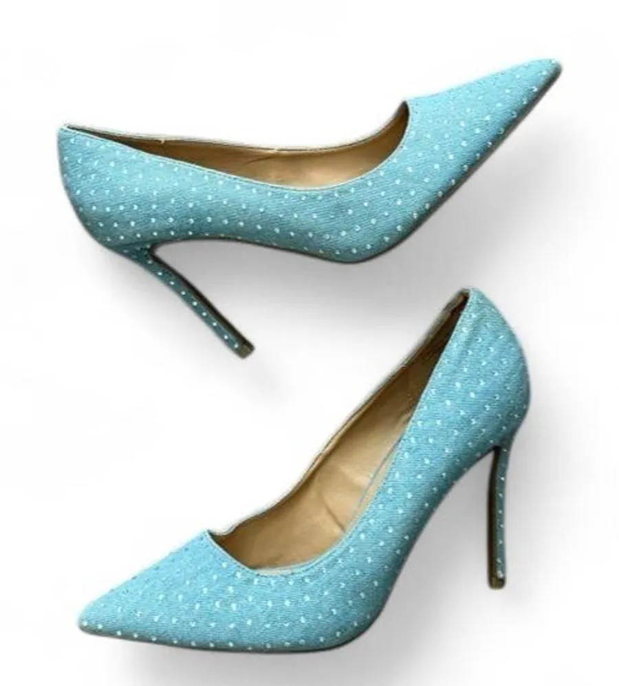 Anne Michelle Blue Denim Rhinestone Pointed Toe Stiletto Pumps Heels Womens 10