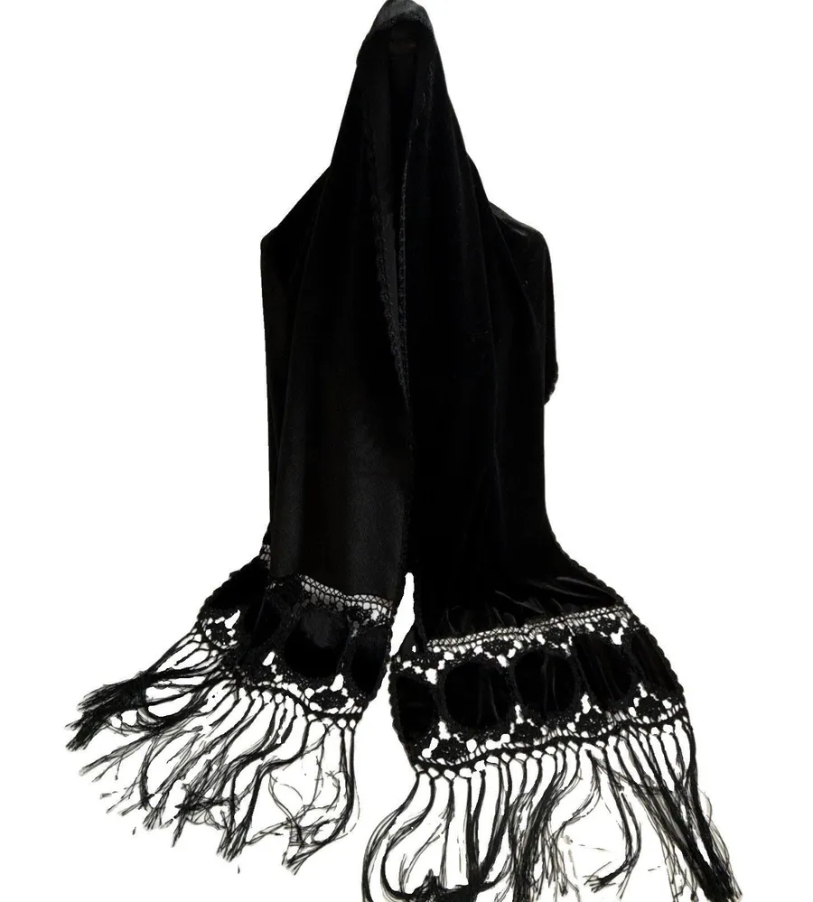 Vintage Black Velvet & Lace Scarf 21”x93” Formal Drape Wrap