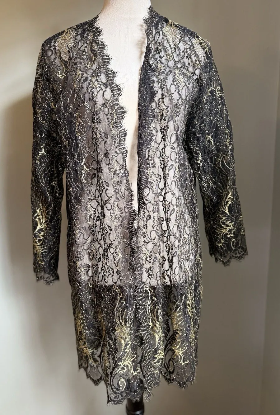 Victoria's Secret Black Gold Lace Robe 90's Glam Whimsi Goth S resort beach boho