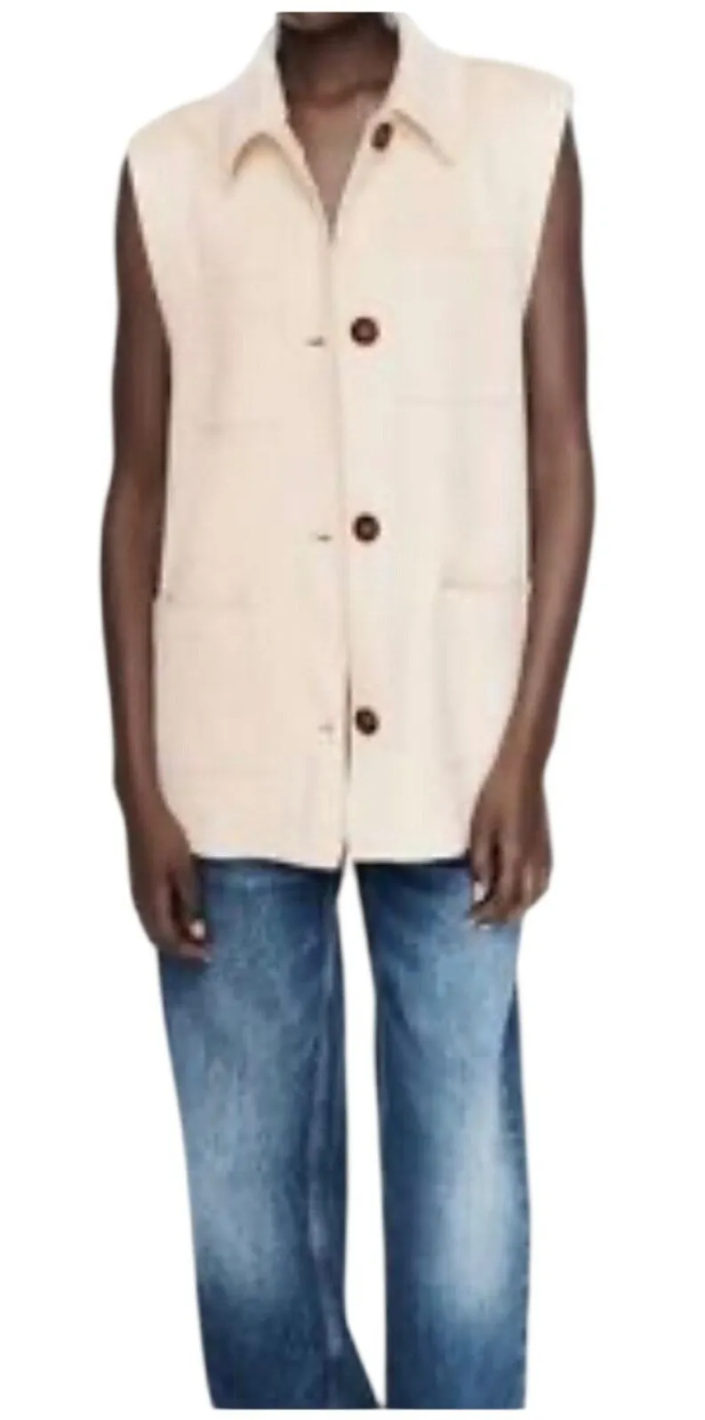 NWT ZARA Women’s Cream Faux Suede Button Up Sleeveless Pocket Vest