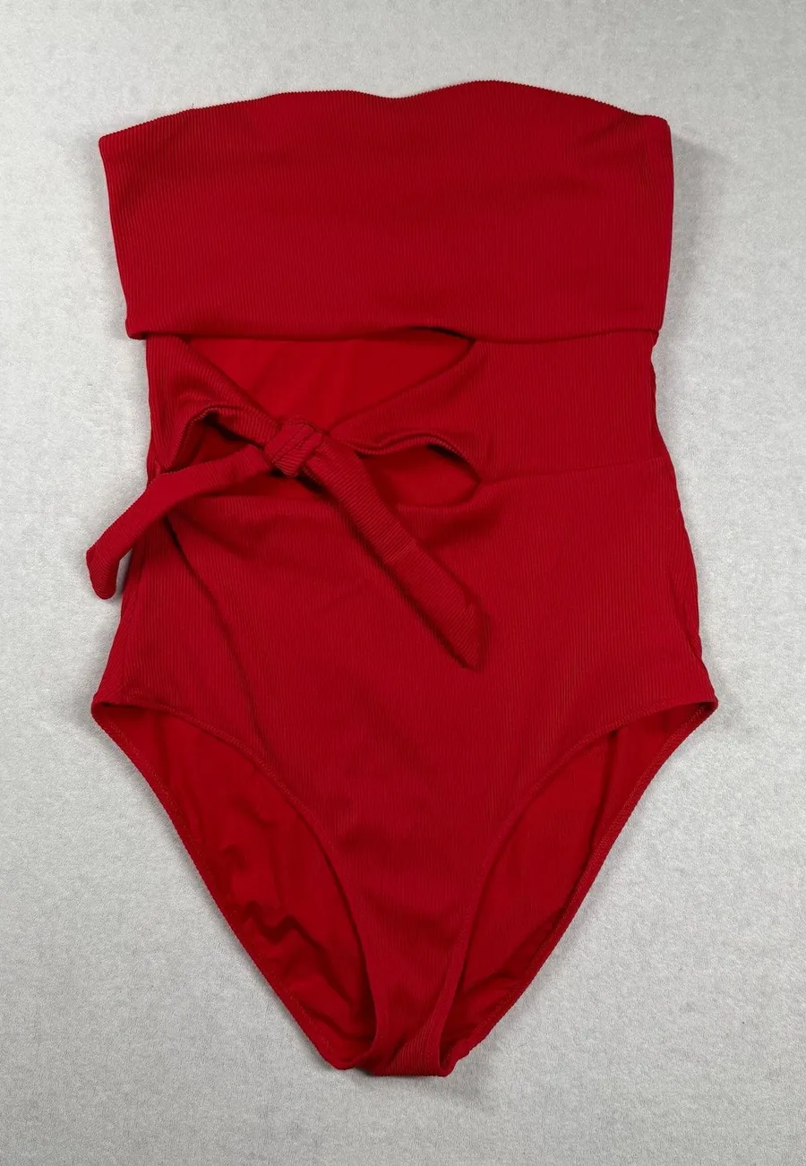 Aerie Real Good Ribbed Strapless Cutout One-Piece Swimsuit Red Medium