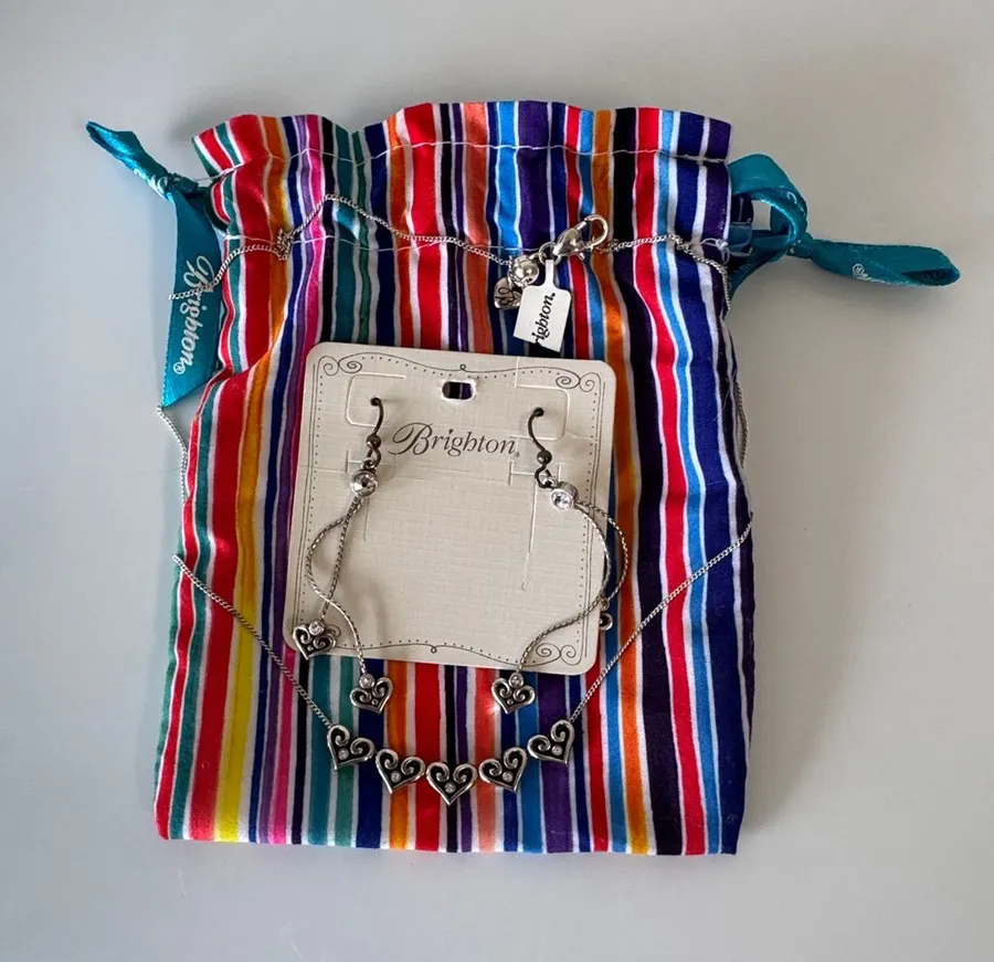 Brighton Silver Heart Charm Necklace and Earrings on Striped Pouch
