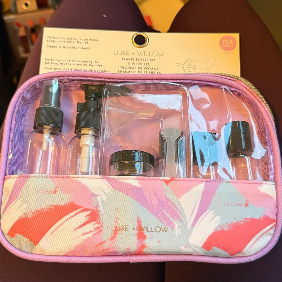 Luxe + Willow 11 Piece TSA Approved Travel Bottle Kit Pink Purple Abstract Pouch