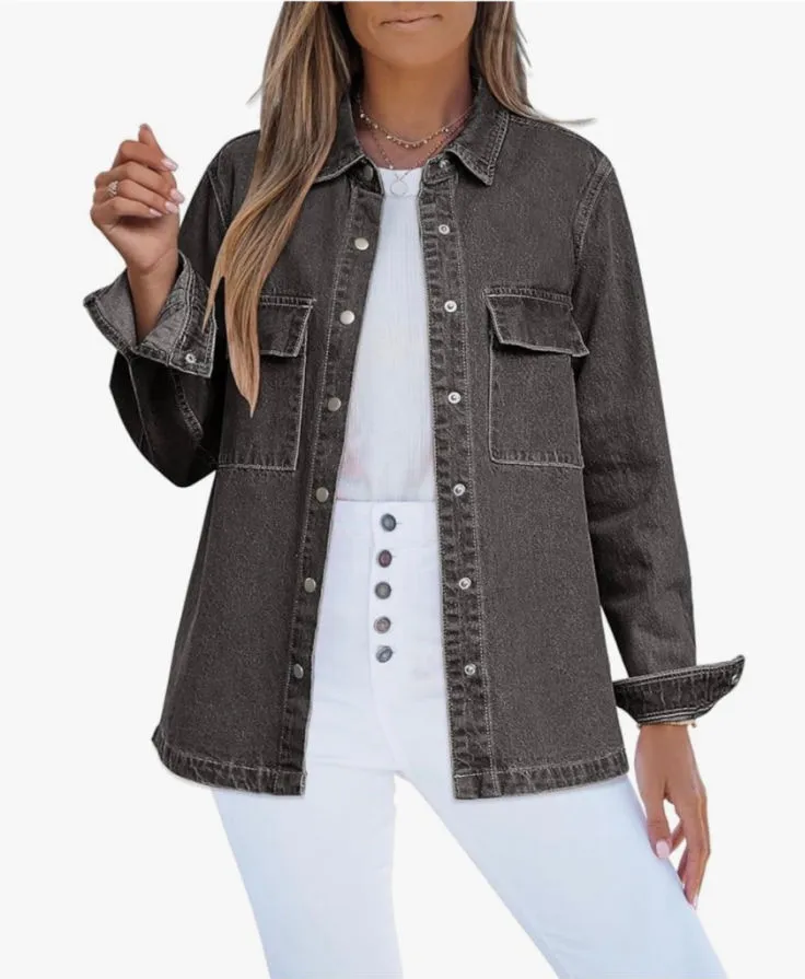 NEW Cotton Jean Jacket Shacket Oversized Button Down Denim L Gray Size L