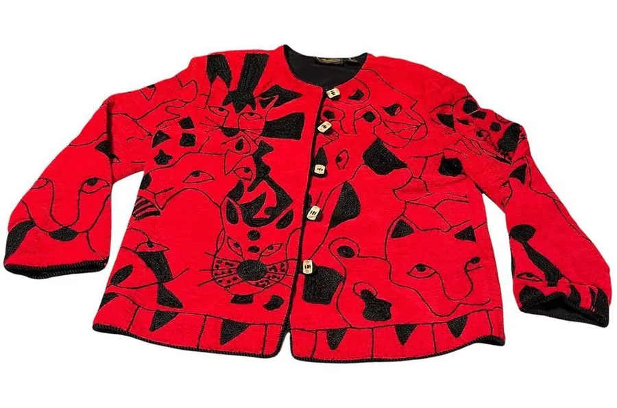 Allure Boutique VTG Black Cat Animal Jacket Embroidered Red Jacket Women Small