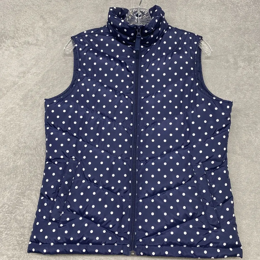 Lands End Vest Womens Small Jacket Blue White Polka Dot Full Zip Puffer Pockets