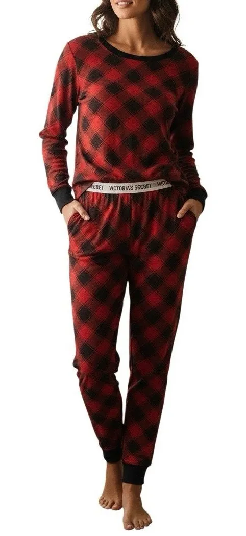 Victoria’s Secret Red Black Plaid Pajama Set XL Long Sleeve Top & Pants