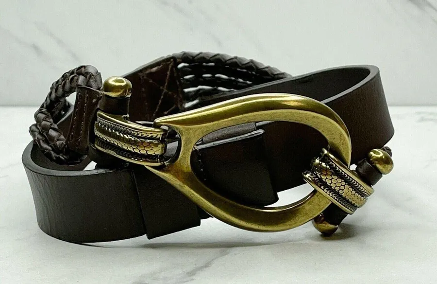 Brown Faux Leather Hook Buckle Belt Gold Tone Hardware Small (S) Womens ✨