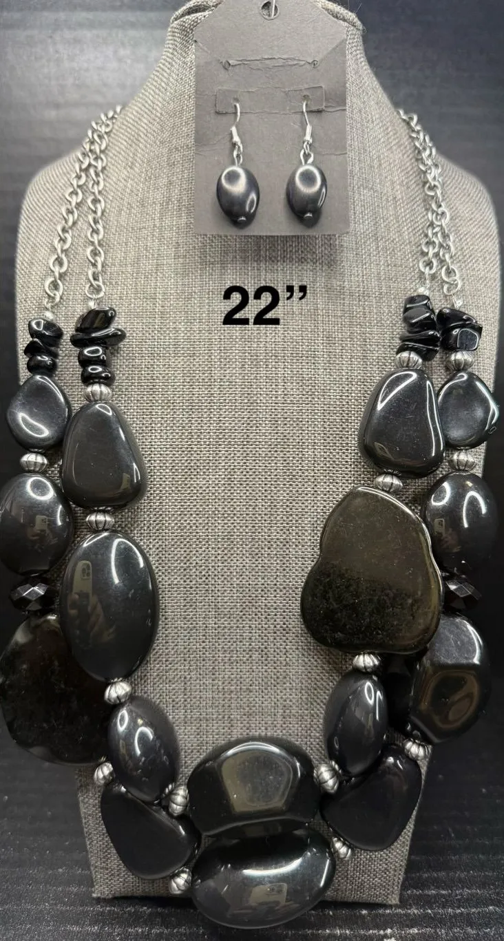 Hematite Beaded Statement Necklace and Earring Set