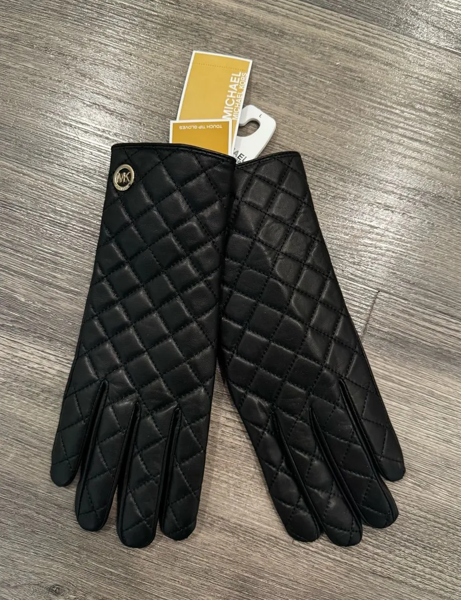 Michael Michael Kors Quilted Black Leather Tech Gloves Gold Logo Size Large
