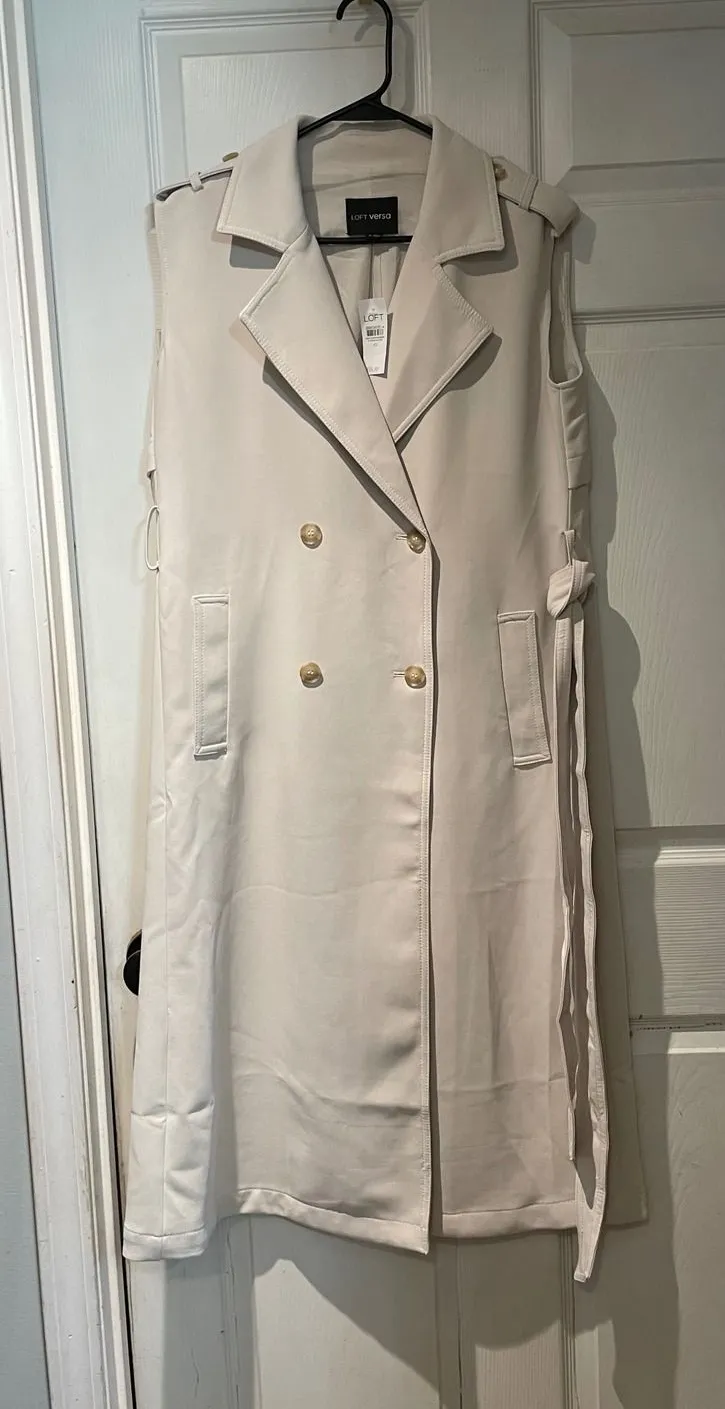 LOFT Versa Womens Sleeveless Trench Coat Duster Cream Double Breasted XS NEW