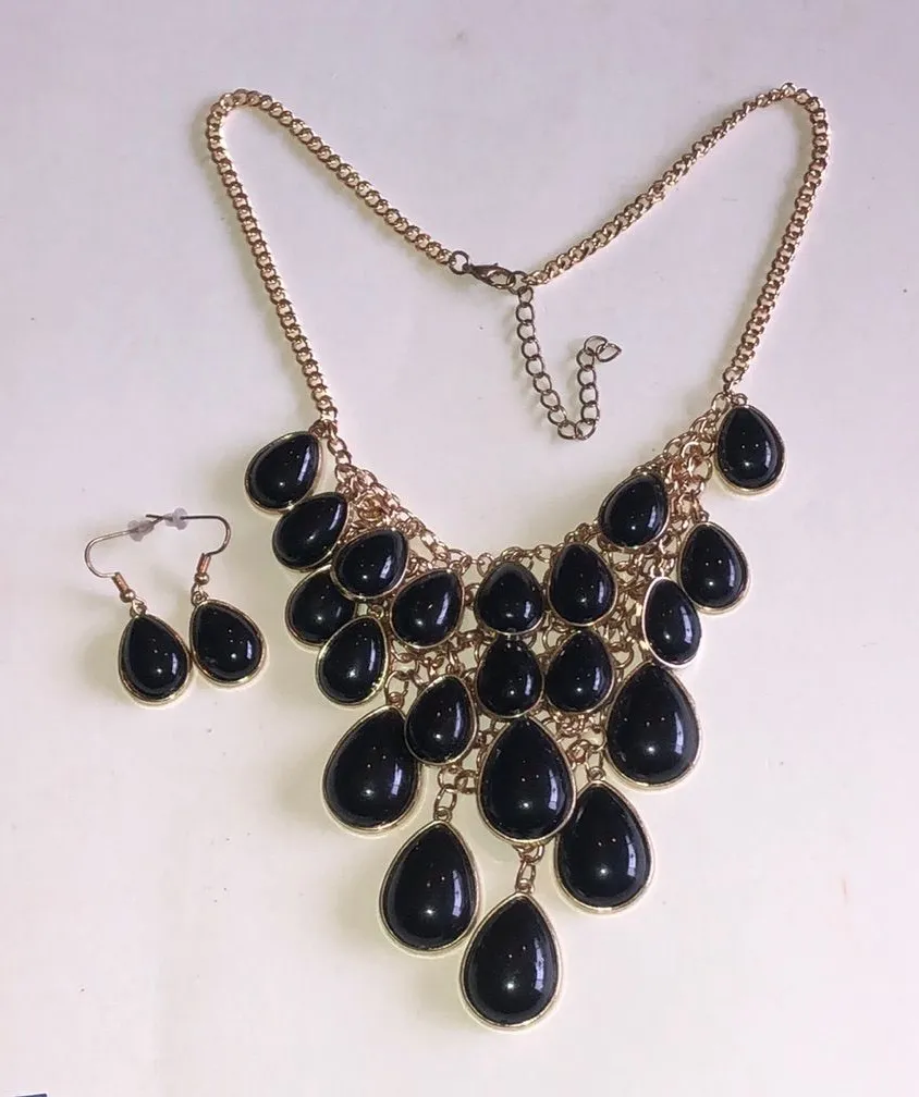 Gold Tone Statement Black Teardrop Bib Necklace and Earring Set