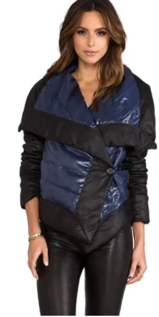 BB Dakota Steve Madden Cecile Puffer Coat Jacket Colorblock Blue Black Med NWOT
