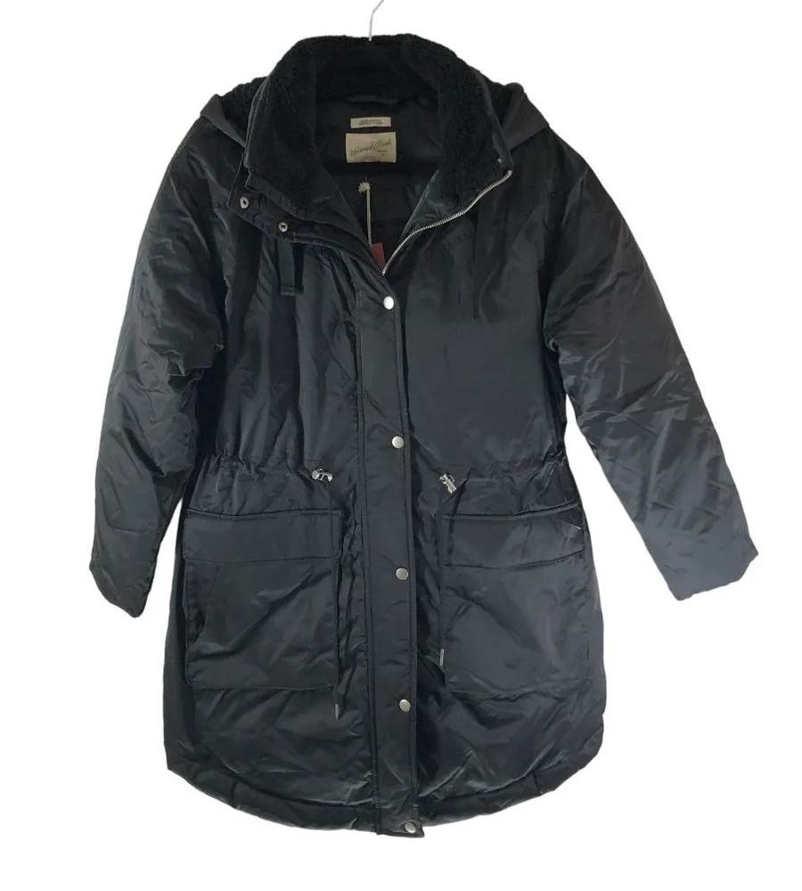 Universal Thread Womens Black Water-Resistant Parka Coat Cinch Waist Hooded S