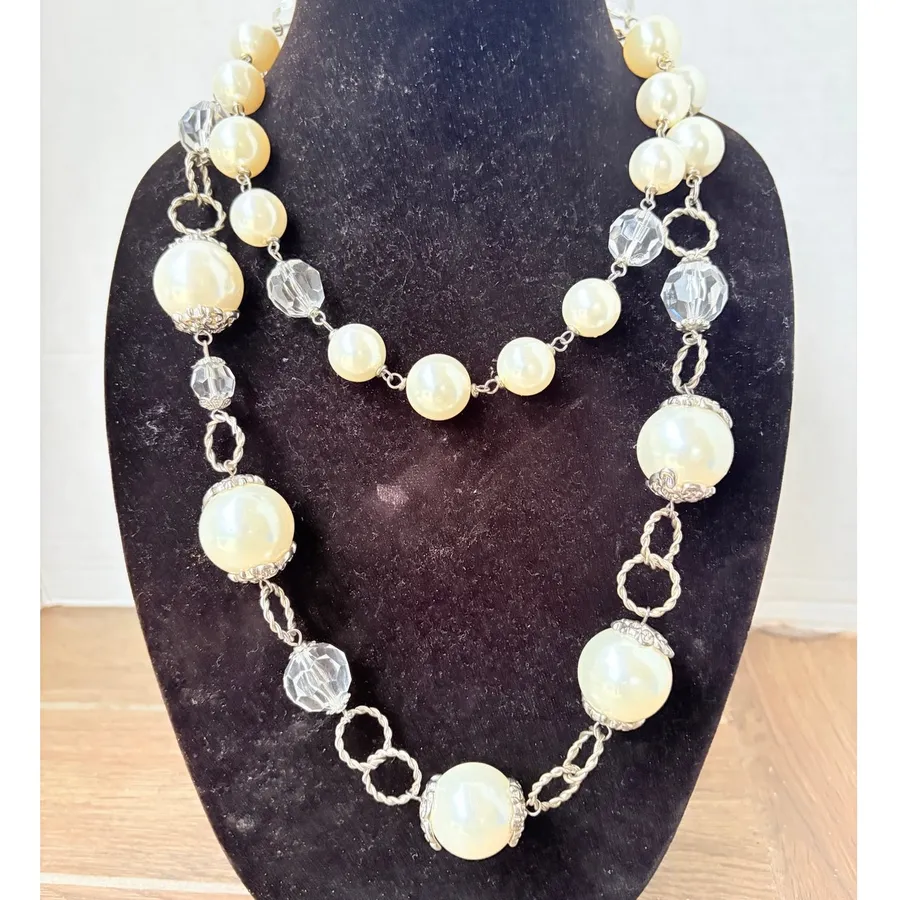Faux Large Pearl Crystal Beaded Long Necklace Silver Y2K Statement Opera Layer