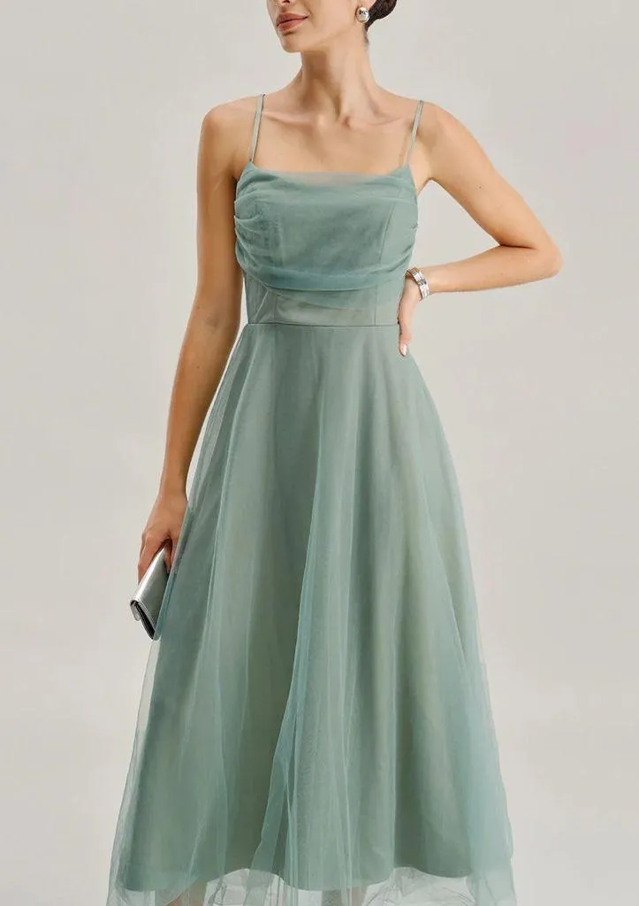Rihoas Green Mesh Flowy Slip Midi Dress Blue