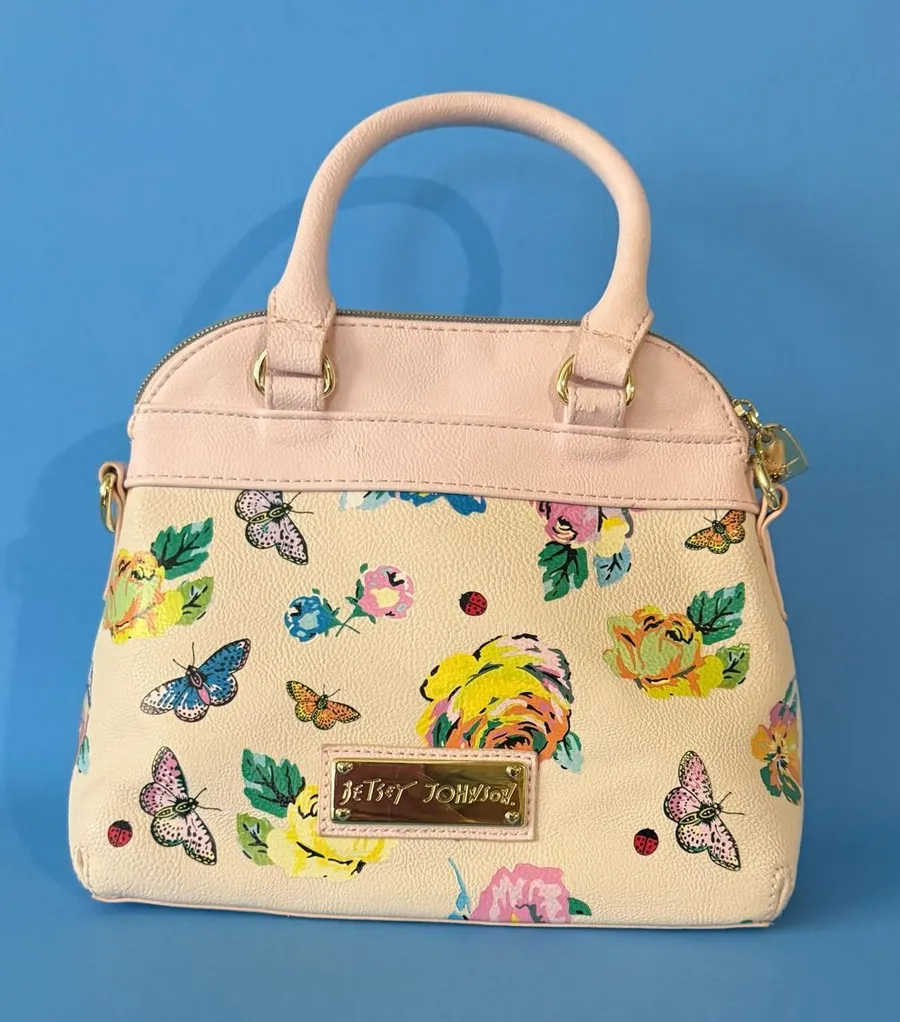 Betsey Johnson Cream Floral Butterfly Satchel Crossbody Bag Pink Bow