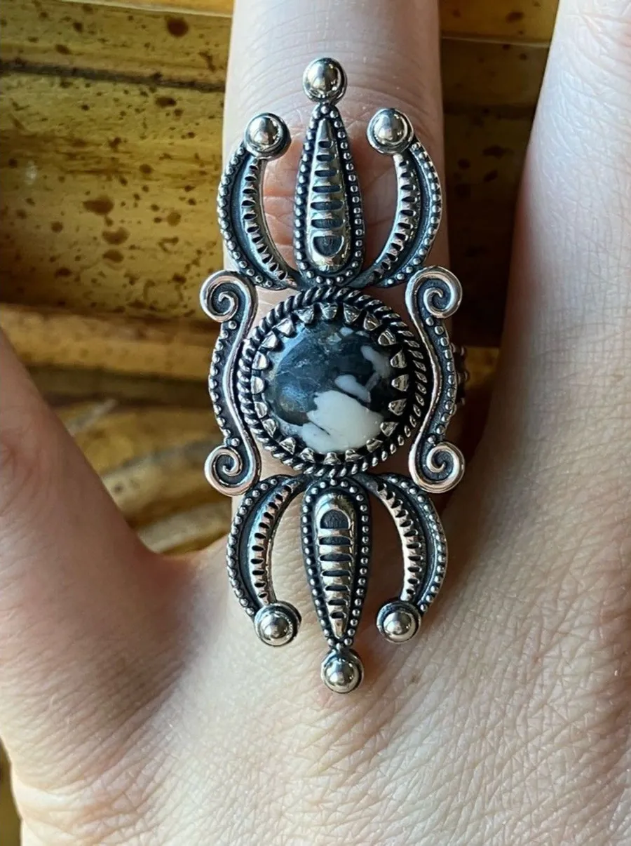 White Buffalo Turquoise Sterling Silver Ring Size 6 Black