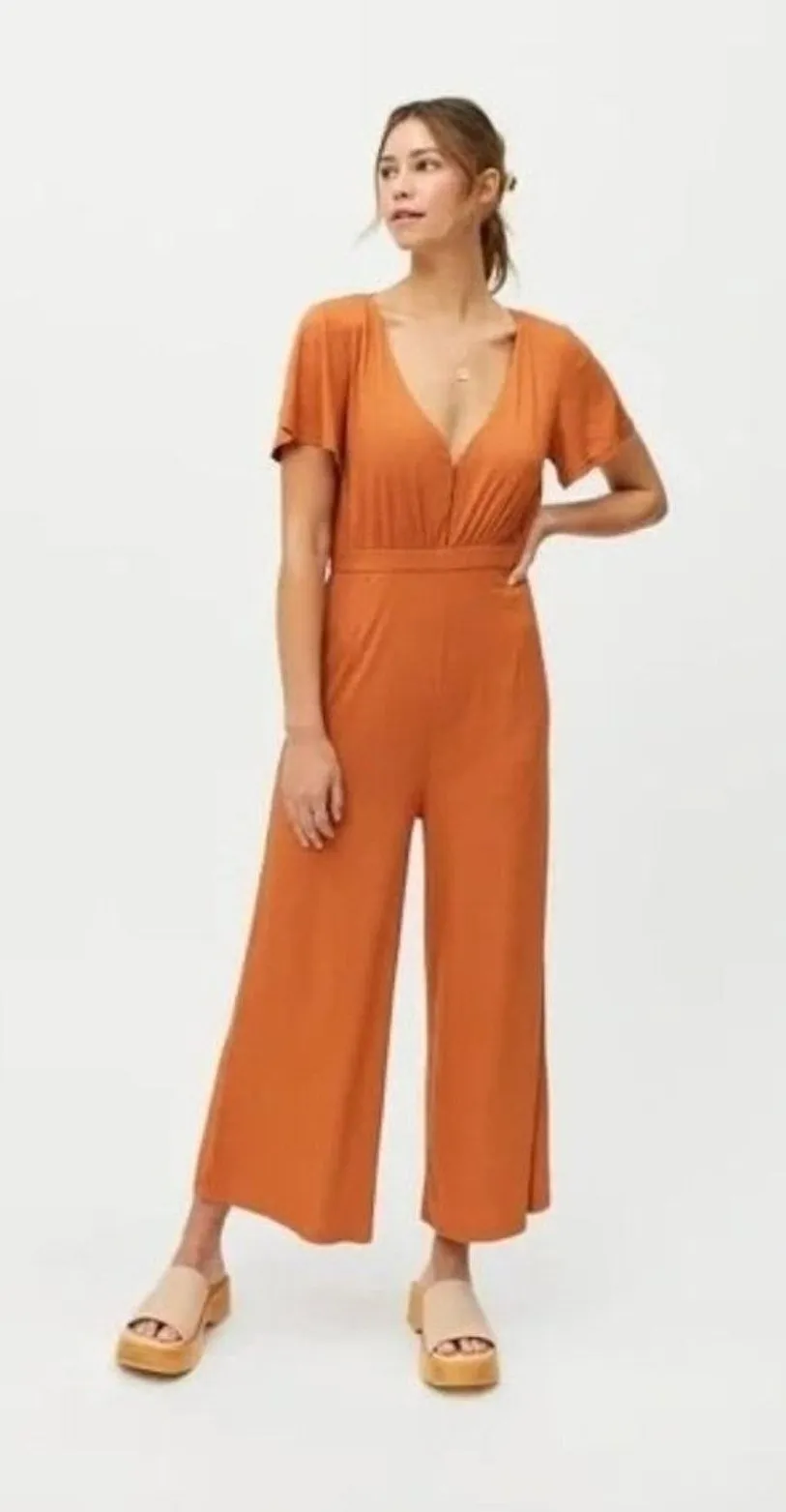 Allison + UO Orange Allison Wide Leg Ribbed Deep Plunge Backless Jumpsuit Medium