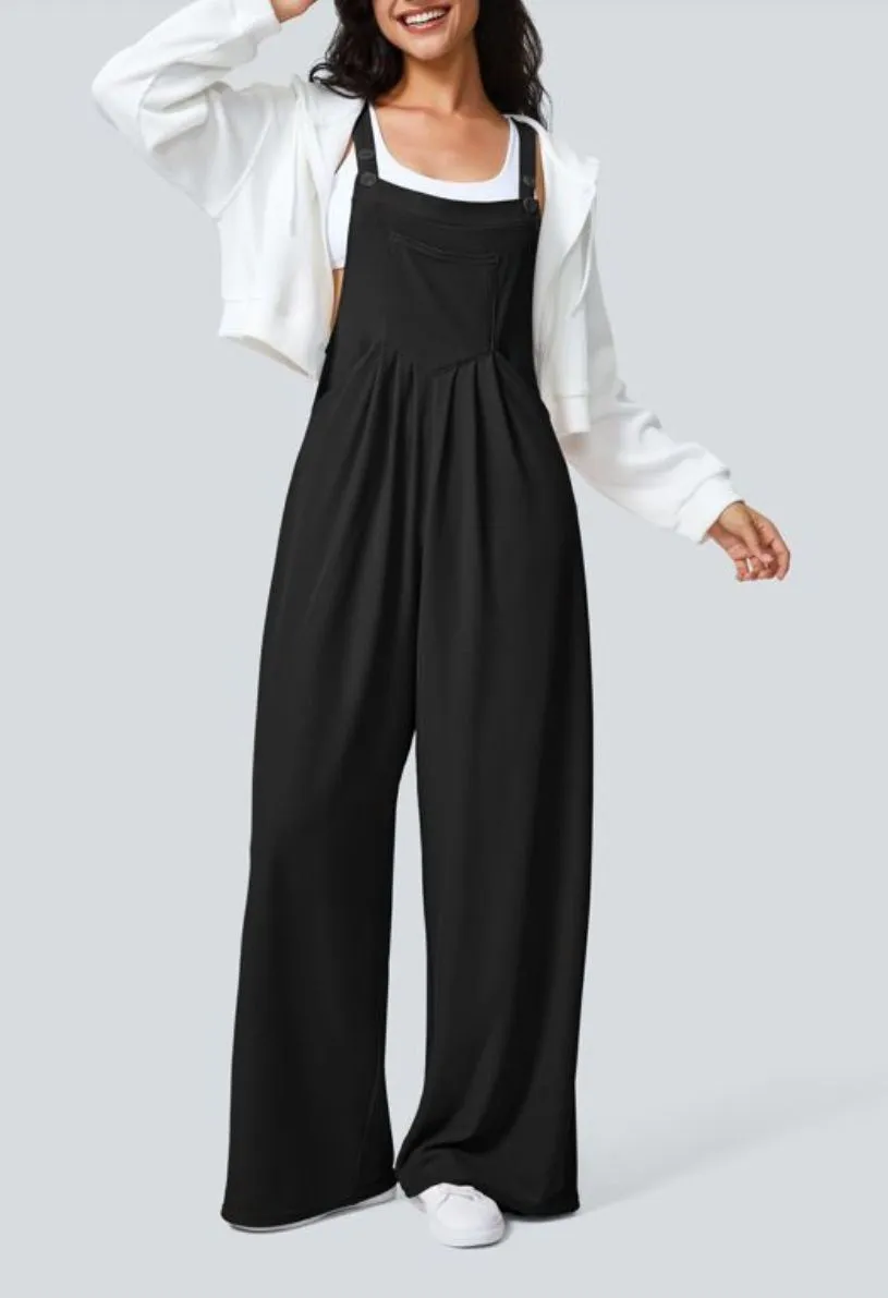 HALARA Black Pockets Waffleyy Casual Overalls Wide-Leg Jumpsuit Romper Size Larg