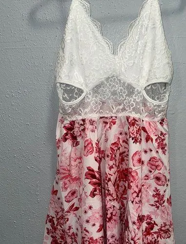 White and Pink Lace Chemise with Floral Design Size XL