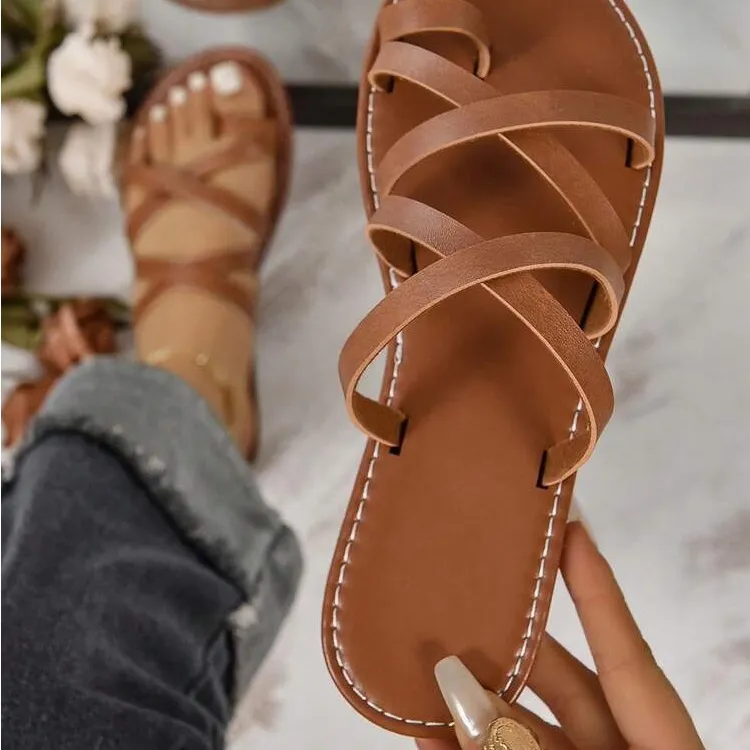 SHEIN Brown Multi-Strap Flat Slide Sandals