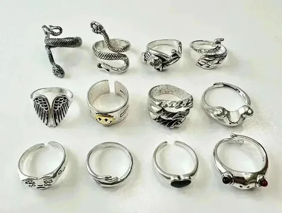 Rings 12 Pcs Cool Silver Plated Adjustable Open Rings For Men and Women