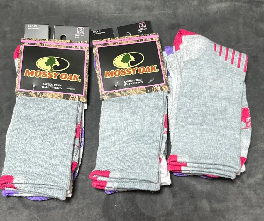 Mossy Oak Ladies Crew Half Cushion Socks 6 Pairs Grey White Pink Purple 4-10