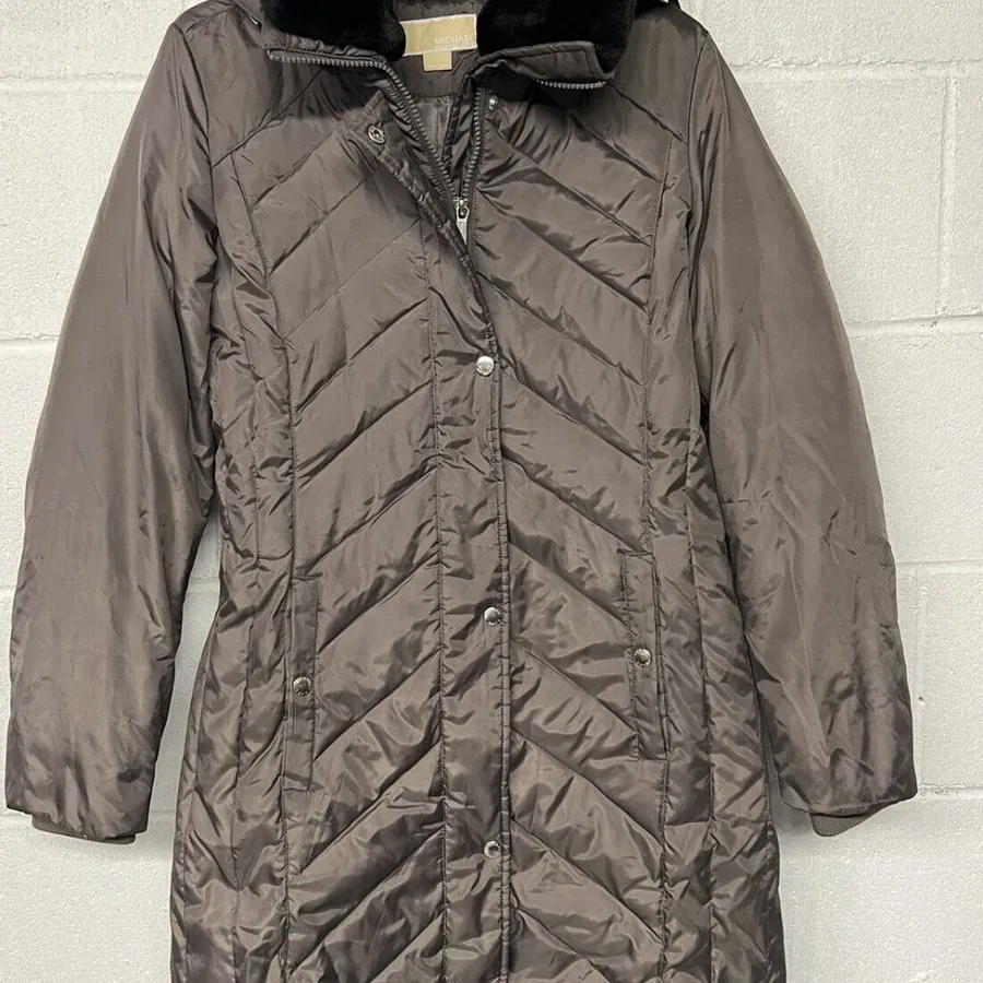Sz Small S NEW Michael Kors Hooded Faux Fur-Trim D