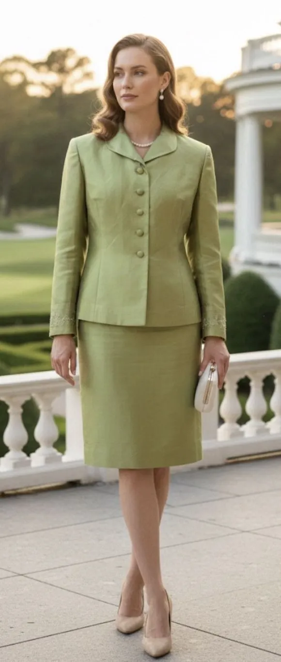 Kay Unger 100% Silk Green Satin Skirt Suit Set Y2K Dynasty Glam Size 14 Wedding