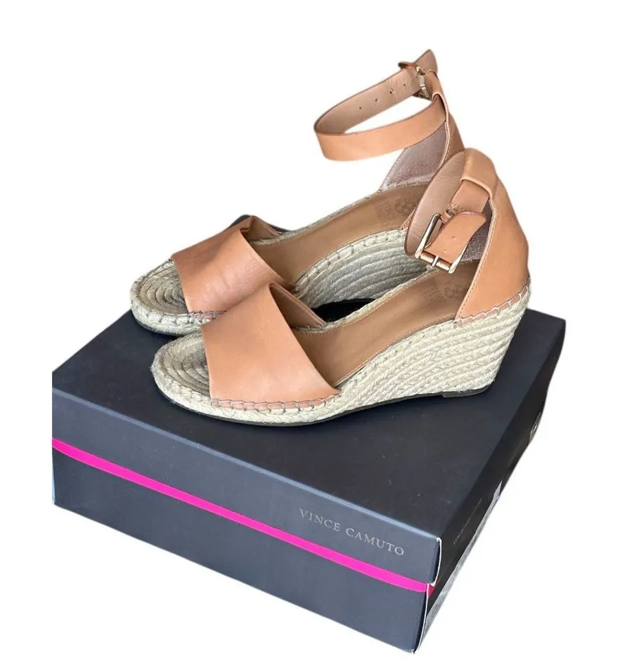 Vince Camuto Leera Espadrille Wedge Sandals Tan Leather Ankle Strap Size 8