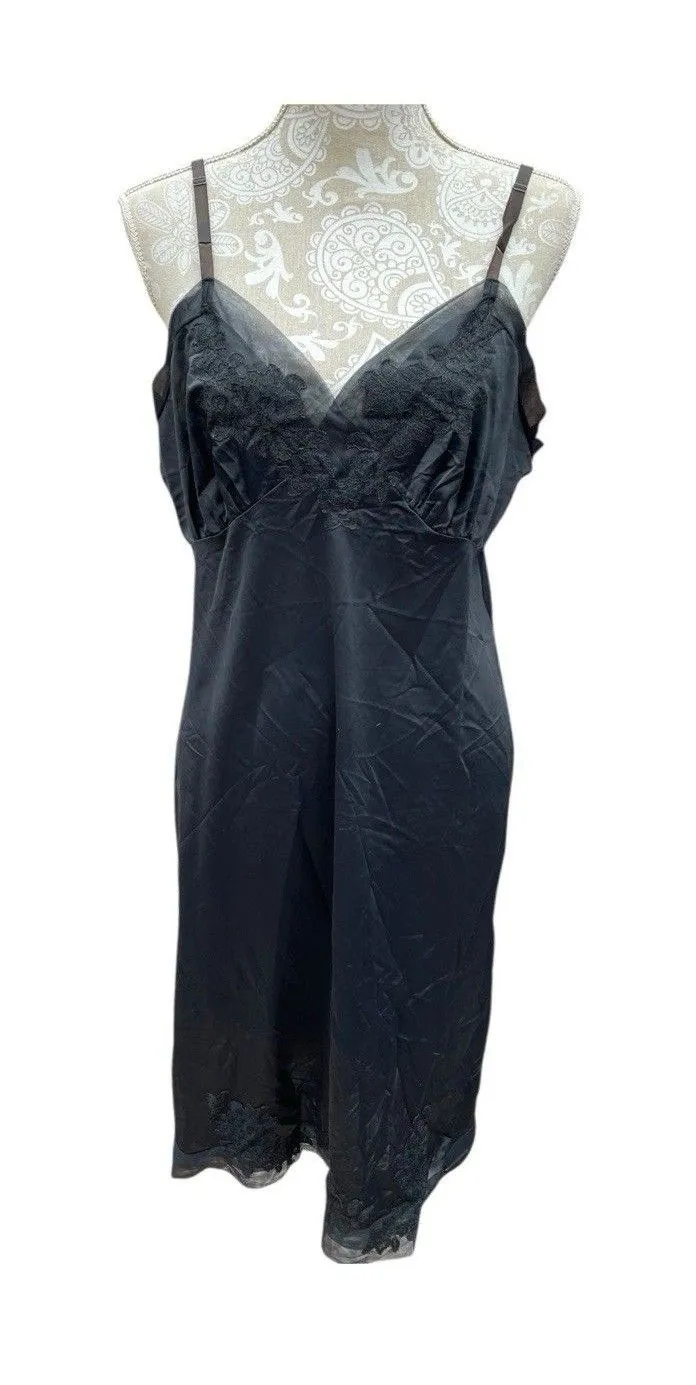 Vintage Van Raalte Size 40 Black Nylon Slip Dress 1960s Suavette Lace Appliqué Size L