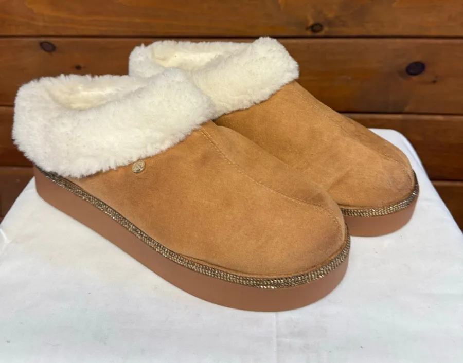 Joy Mangano Joy Glamorous Cozy Slippers with Orthotic Insole Sz 10 WIDE NWOT Tan