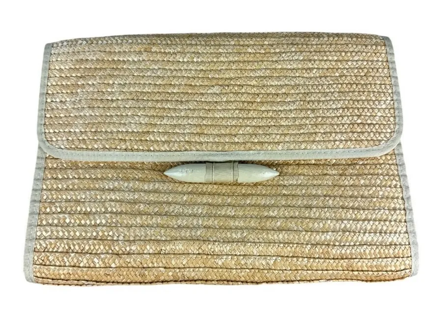 Vintage Straw Woven Clutch Handbag Natural Tan Summer Beach Envelope Bag Toggle
