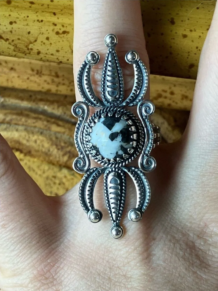 White Buffalo Turquoise Sterling Silver Statement Ring Size 7 Black