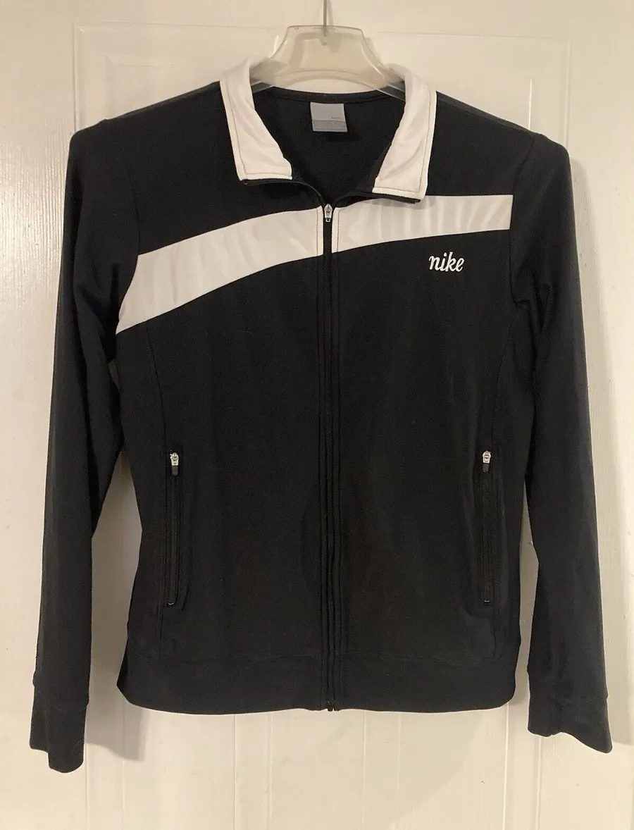NIKE Y2K Track Jacket Women’s Medium Black White Striped Swoosh Full Zip Retro