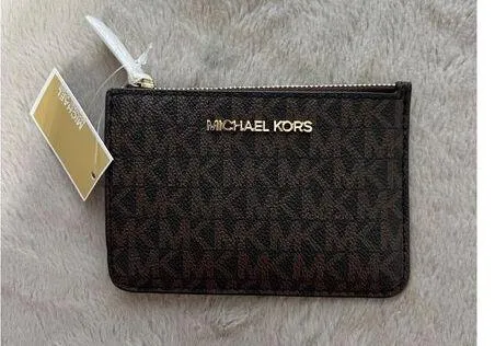 Michael Kors Jet Set Small Brown Coin Pouch W/ ID Window Monogram Leather Wallet